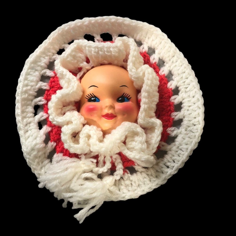 Handmade Crochet Pixie, Doll Face Vintage Decor, Potholder Starter 10”